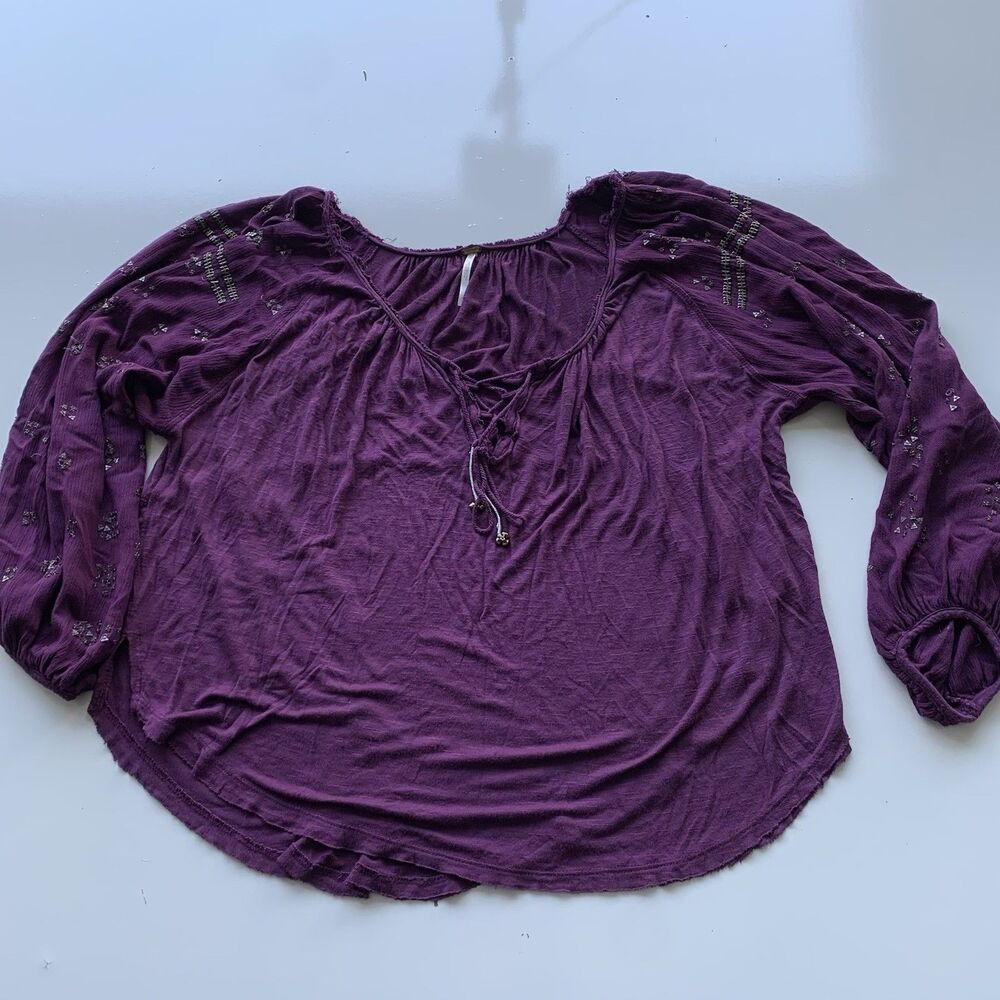 Free People Purple Beaded Balloon Sleeve Boho Peasant Oversized Tunic Top Sz XS